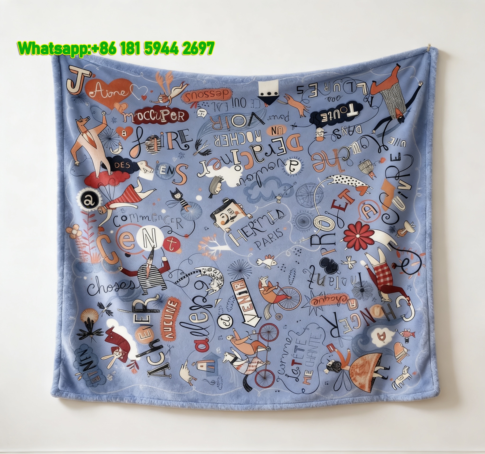 Hermès Playful Blue Doodle Word Art Flannel Throw Blanket IMG_5389